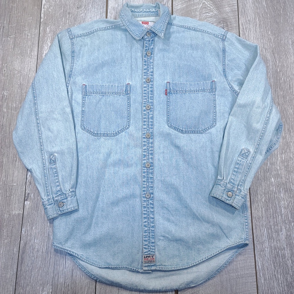 Levi's Denim Shirt Mens Small Light Blue Long Sleeve Metal Button Red Tab
